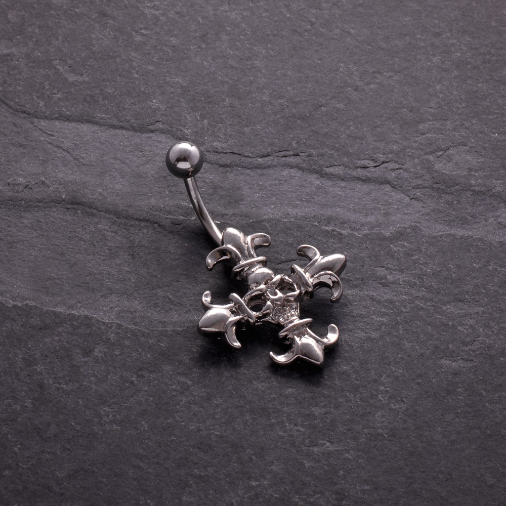 Surgical Grade Stainless Steel Naval Barbell With Gothic Cross  Skull Design